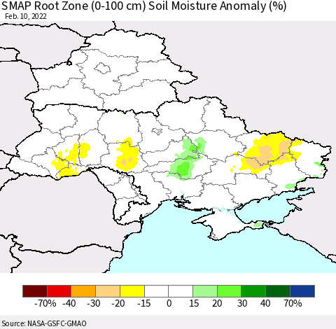 Ukraine, Moldova and Belarus SMAP Root Zone (0-100 cm) Soil Moisture Anomaly (%) Thematic Map For 2/6/2022 - 2/10/2022