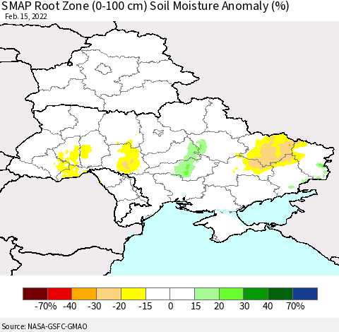 Ukraine, Moldova and Belarus SMAP Root Zone (0-100 cm) Soil Moisture Anomaly (%) Thematic Map For 2/11/2022 - 2/15/2022