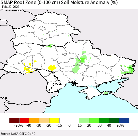 Ukraine, Moldova and Belarus SMAP Root Zone (0-100 cm) Soil Moisture Anomaly (%) Thematic Map For 2/16/2022 - 2/20/2022