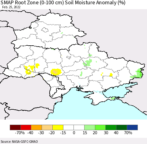 Ukraine, Moldova and Belarus SMAP Root Zone (0-100 cm) Soil Moisture Anomaly (%) Thematic Map For 2/21/2022 - 2/25/2022