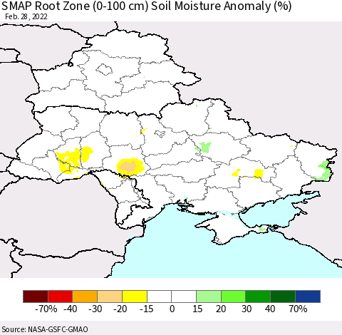 Ukraine, Moldova and Belarus SMAP Root Zone (0-100 cm) Soil Moisture Anomaly (%) Thematic Map For 2/26/2022 - 2/28/2022