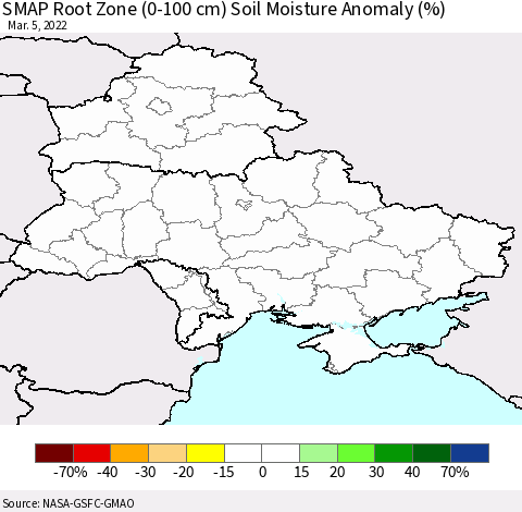 Ukraine, Moldova and Belarus SMAP Root Zone (0-100 cm) Soil Moisture Anomaly (%) Thematic Map For 3/1/2022 - 3/5/2022