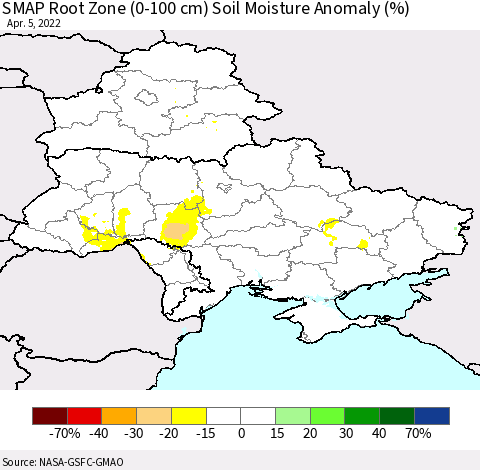 Ukraine, Moldova and Belarus SMAP Root Zone (0-100 cm) Soil Moisture Anomaly (%) Thematic Map For 4/1/2022 - 4/5/2022