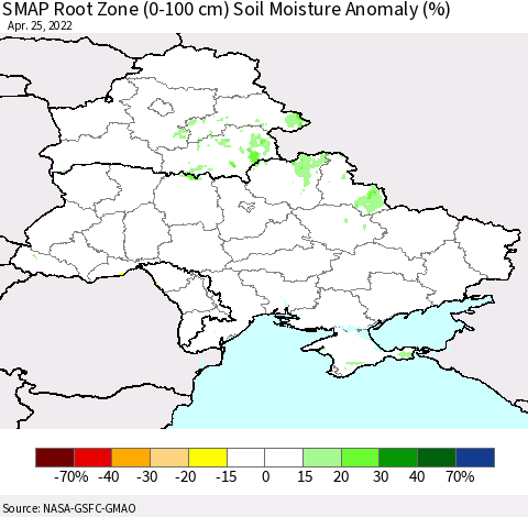 Ukraine, Moldova and Belarus SMAP Root Zone (0-100 cm) Soil Moisture Anomaly (%) Thematic Map For 4/21/2022 - 4/25/2022