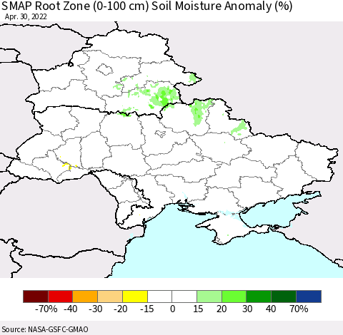 Ukraine, Moldova and Belarus SMAP Root Zone (0-100 cm) Soil Moisture Anomaly (%) Thematic Map For 4/26/2022 - 4/30/2022