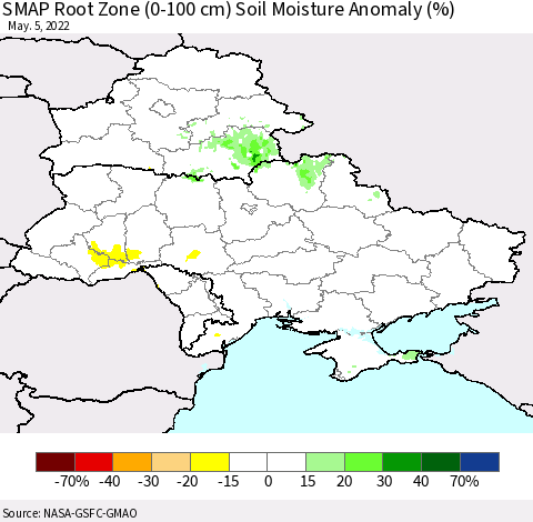 Ukraine, Moldova and Belarus SMAP Root Zone (0-100 cm) Soil Moisture Anomaly (%) Thematic Map For 5/1/2022 - 5/5/2022