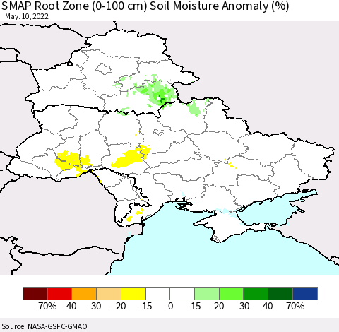 Ukraine, Moldova and Belarus SMAP Root Zone (0-100 cm) Soil Moisture Anomaly (%) Thematic Map For 5/6/2022 - 5/10/2022