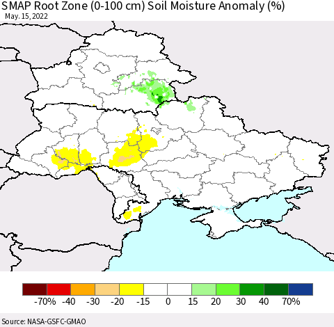 Ukraine, Moldova and Belarus SMAP Root Zone (0-100 cm) Soil Moisture Anomaly (%) Thematic Map For 5/11/2022 - 5/15/2022