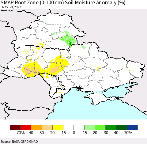 Ukraine, Moldova and Belarus SMAP Root Zone (0-100 cm) Soil Moisture Anomaly (%) Thematic Map For 5/16/2022 - 5/20/2022