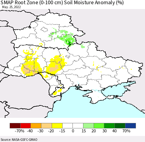 Ukraine, Moldova and Belarus SMAP Root Zone (0-100 cm) Soil Moisture Anomaly (%) Thematic Map For 5/21/2022 - 5/25/2022