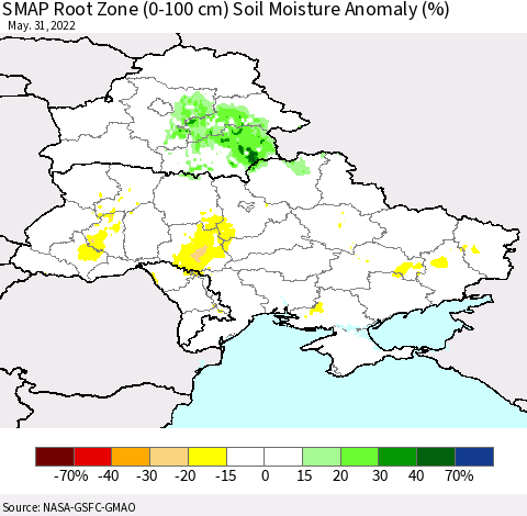 Ukraine, Moldova and Belarus SMAP Root Zone (0-100 cm) Soil Moisture Anomaly (%) Thematic Map For 5/26/2022 - 5/31/2022