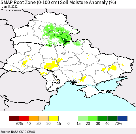 Ukraine, Moldova and Belarus SMAP Root Zone (0-100 cm) Soil Moisture Anomaly (%) Thematic Map For 6/1/2022 - 6/5/2022