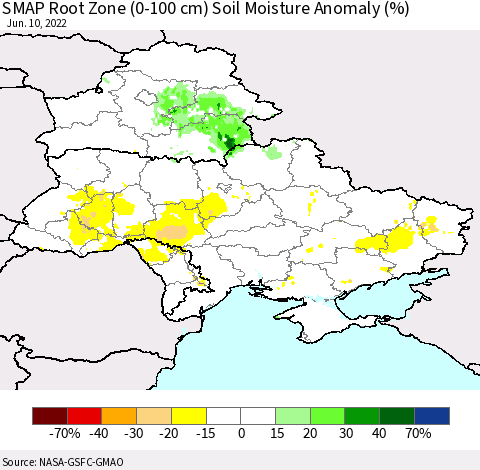 Ukraine, Moldova and Belarus SMAP Root Zone (0-100 cm) Soil Moisture Anomaly (%) Thematic Map For 6/6/2022 - 6/10/2022