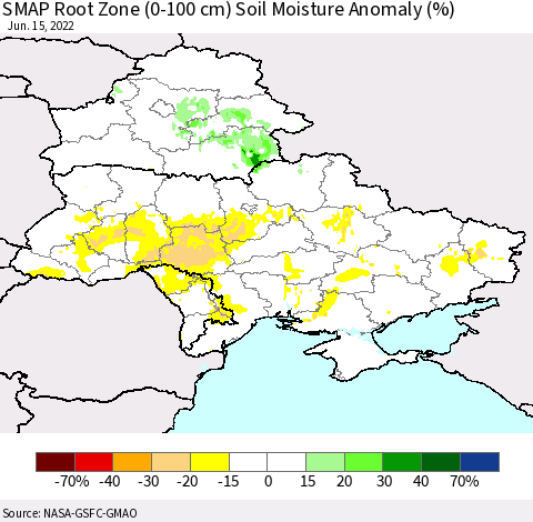Ukraine, Moldova and Belarus SMAP Root Zone (0-100 cm) Soil Moisture Anomaly (%) Thematic Map For 6/11/2022 - 6/15/2022