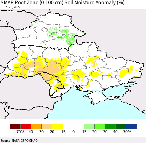 Ukraine, Moldova and Belarus SMAP Root Zone (0-100 cm) Soil Moisture Anomaly (%) Thematic Map For 6/16/2022 - 6/20/2022