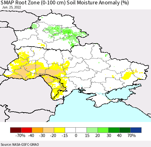 Ukraine, Moldova and Belarus SMAP Root Zone (0-100 cm) Soil Moisture Anomaly (%) Thematic Map For 6/21/2022 - 6/25/2022