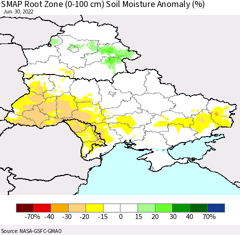 Ukraine, Moldova and Belarus SMAP Root Zone (0-100 cm) Soil Moisture Anomaly (%) Thematic Map For 6/26/2022 - 6/30/2022