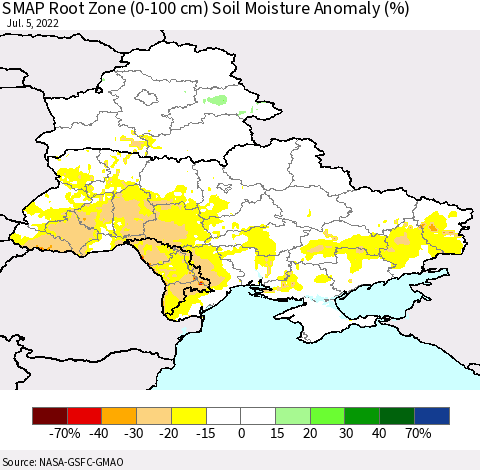 Ukraine, Moldova and Belarus SMAP Root Zone (0-100 cm) Soil Moisture Anomaly (%) Thematic Map For 7/1/2022 - 7/5/2022