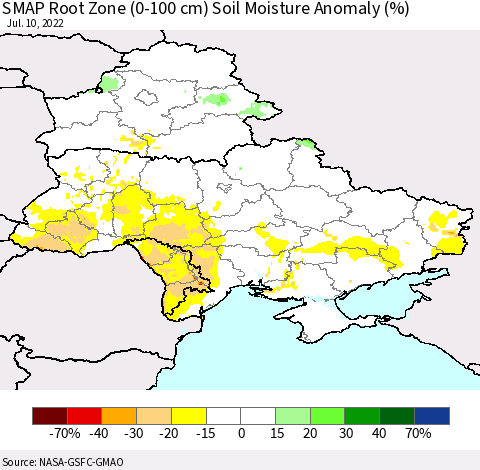 Ukraine, Moldova and Belarus SMAP Root Zone (0-100 cm) Soil Moisture Anomaly (%) Thematic Map For 7/6/2022 - 7/10/2022