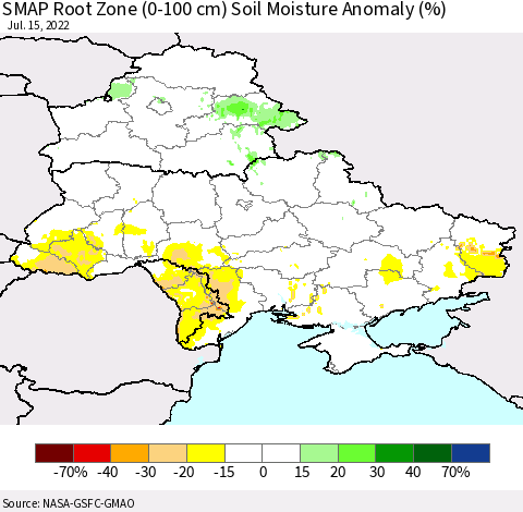 Ukraine, Moldova and Belarus SMAP Root Zone (0-100 cm) Soil Moisture Anomaly (%) Thematic Map For 7/11/2022 - 7/15/2022