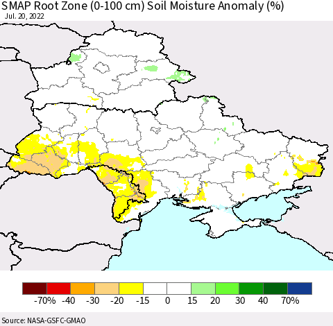 Ukraine, Moldova and Belarus SMAP Root Zone (0-100 cm) Soil Moisture Anomaly (%) Thematic Map For 7/16/2022 - 7/20/2022