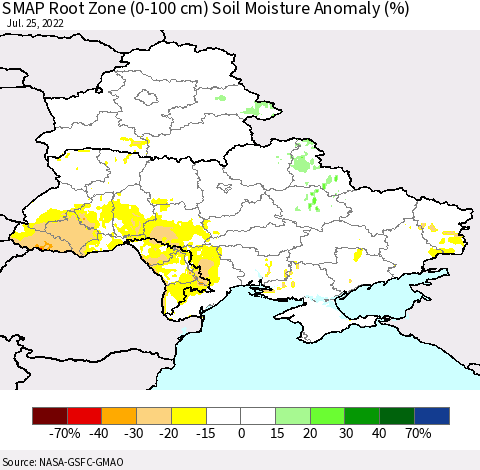 Ukraine, Moldova and Belarus SMAP Root Zone (0-100 cm) Soil Moisture Anomaly (%) Thematic Map For 7/21/2022 - 7/25/2022
