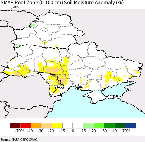 Ukraine, Moldova and Belarus SMAP Root Zone (0-100 cm) Soil Moisture Anomaly (%) Thematic Map For 7/26/2022 - 7/31/2022
