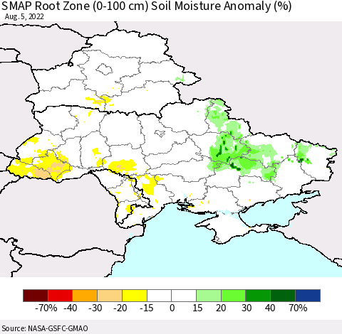 Ukraine, Moldova and Belarus SMAP Root Zone (0-100 cm) Soil Moisture Anomaly (%) Thematic Map For 8/1/2022 - 8/5/2022