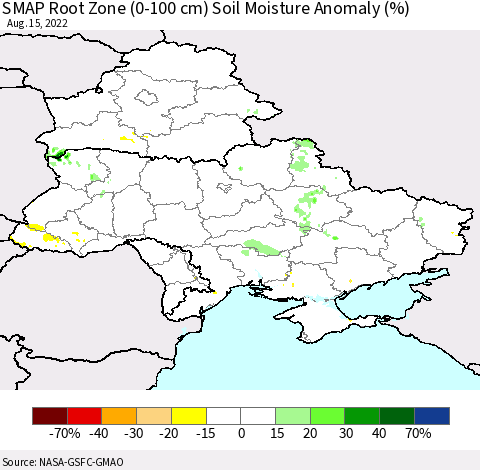 Ukraine, Moldova and Belarus SMAP Root Zone (0-100 cm) Soil Moisture Anomaly (%) Thematic Map For 8/11/2022 - 8/15/2022