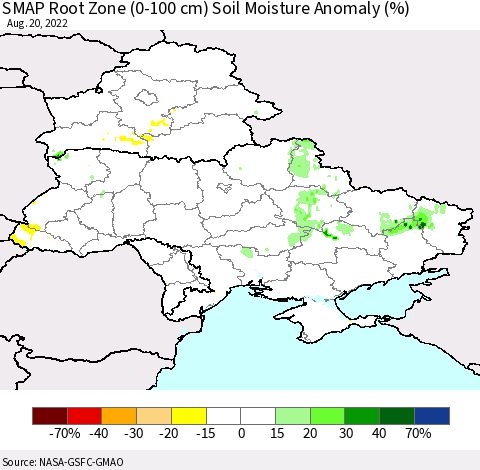 Ukraine, Moldova and Belarus SMAP Root Zone (0-100 cm) Soil Moisture Anomaly (%) Thematic Map For 8/16/2022 - 8/20/2022