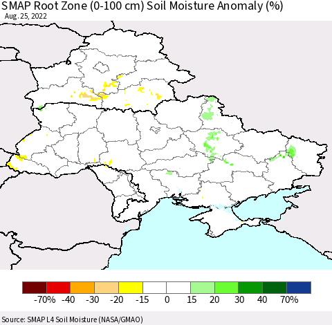 Ukraine, Moldova and Belarus SMAP Root Zone (0-100 cm) Soil Moisture Anomaly (%) Thematic Map For 8/21/2022 - 8/25/2022