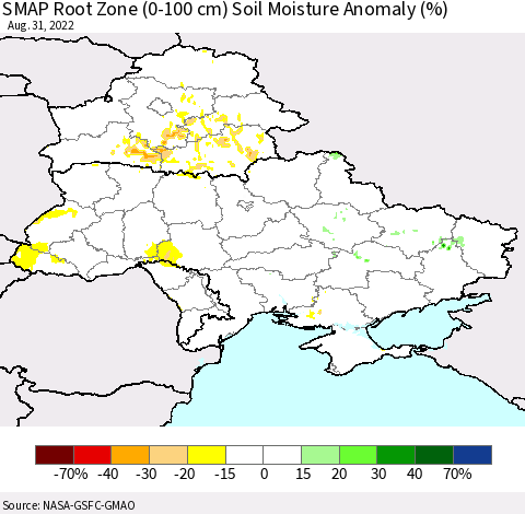 Ukraine, Moldova and Belarus SMAP Root Zone (0-100 cm) Soil Moisture Anomaly (%) Thematic Map For 8/26/2022 - 8/31/2022