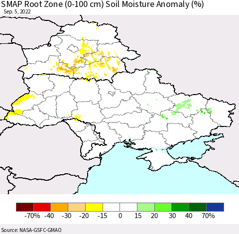 Ukraine, Moldova and Belarus SMAP Root Zone (0-100 cm) Soil Moisture Anomaly (%) Thematic Map For 9/1/2022 - 9/5/2022