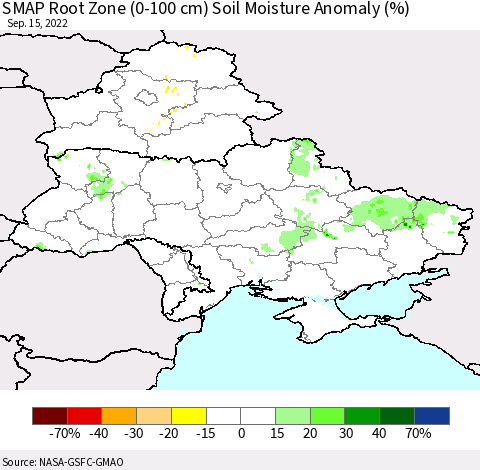 Ukraine, Moldova and Belarus SMAP Root Zone (0-100 cm) Soil Moisture Anomaly (%) Thematic Map For 9/11/2022 - 9/15/2022