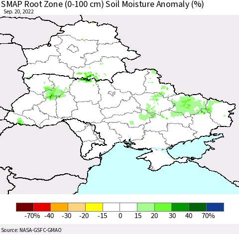 Ukraine, Moldova and Belarus SMAP Root Zone (0-100 cm) Soil Moisture Anomaly (%) Thematic Map For 9/16/2022 - 9/20/2022