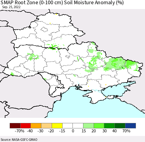 Ukraine, Moldova and Belarus SMAP Root Zone (0-100 cm) Soil Moisture Anomaly (%) Thematic Map For 9/21/2022 - 9/25/2022