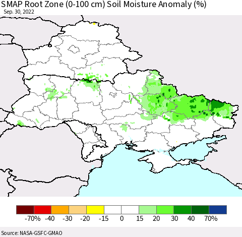Ukraine, Moldova and Belarus SMAP Root Zone (0-100 cm) Soil Moisture Anomaly (%) Thematic Map For 9/26/2022 - 9/30/2022