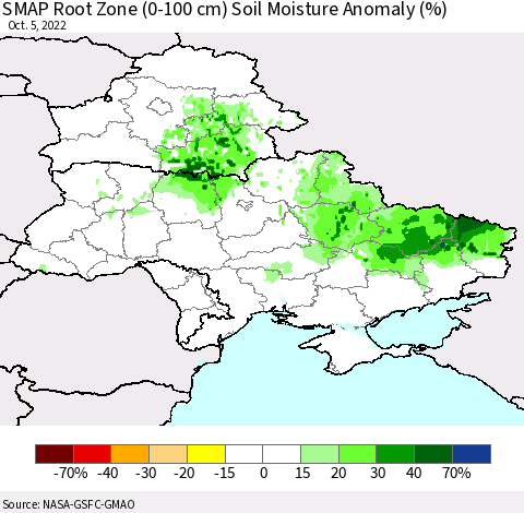 Ukraine, Moldova and Belarus SMAP Root Zone (0-100 cm) Soil Moisture Anomaly (%) Thematic Map For 10/1/2022 - 10/5/2022