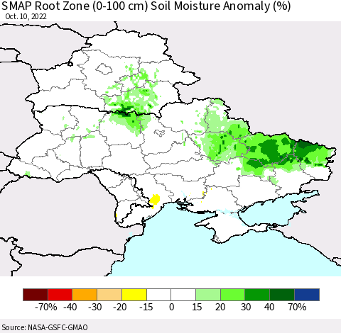 Ukraine, Moldova and Belarus SMAP Root Zone (0-100 cm) Soil Moisture Anomaly (%) Thematic Map For 10/6/2022 - 10/10/2022