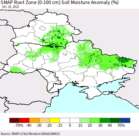 Ukraine, Moldova and Belarus SMAP Root Zone (0-100 cm) Soil Moisture Anomaly (%) Thematic Map For 10/6/2022 - 10/10/2022