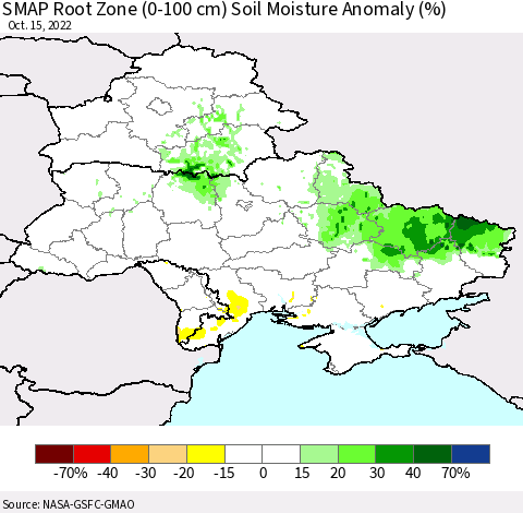 Ukraine, Moldova and Belarus SMAP Root Zone (0-100 cm) Soil Moisture Anomaly (%) Thematic Map For 10/11/2022 - 10/15/2022