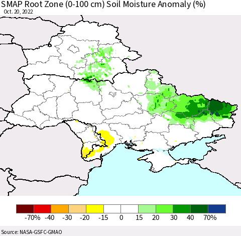 Ukraine, Moldova and Belarus SMAP Root Zone (0-100 cm) Soil Moisture Anomaly (%) Thematic Map For 10/16/2022 - 10/20/2022