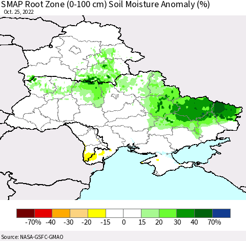 Ukraine, Moldova and Belarus SMAP Root Zone (0-100 cm) Soil Moisture Anomaly (%) Thematic Map For 10/21/2022 - 10/25/2022