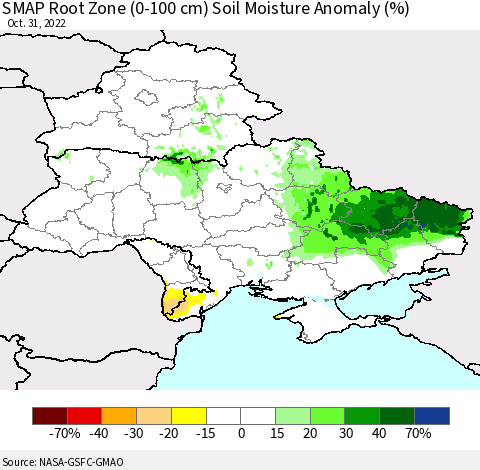 Ukraine, Moldova and Belarus SMAP Root Zone (0-100 cm) Soil Moisture Anomaly (%) Thematic Map For 10/26/2022 - 10/31/2022