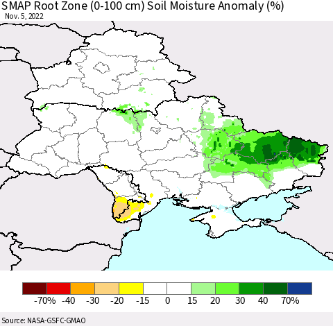 Ukraine, Moldova and Belarus SMAP Root Zone (0-100 cm) Soil Moisture Anomaly (%) Thematic Map For 11/1/2022 - 11/5/2022