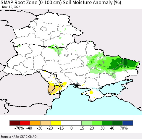 Ukraine, Moldova and Belarus SMAP Root Zone (0-100 cm) Soil Moisture Anomaly (%) Thematic Map For 11/6/2022 - 11/10/2022