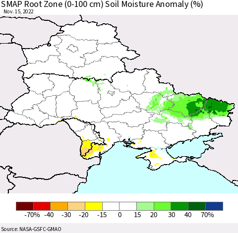 Ukraine, Moldova and Belarus SMAP Root Zone (0-100 cm) Soil Moisture Anomaly (%) Thematic Map For 11/11/2022 - 11/15/2022