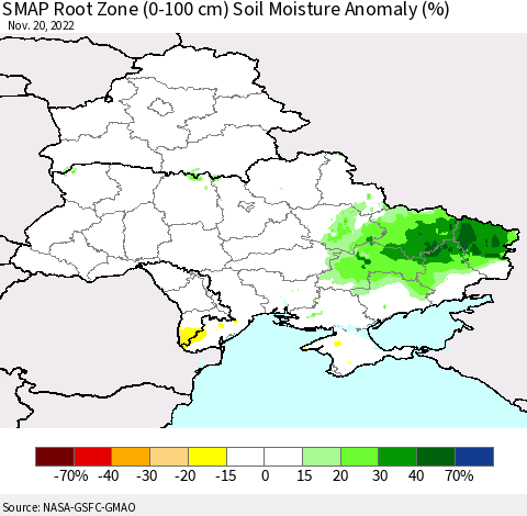 Ukraine, Moldova and Belarus SMAP Root Zone (0-100 cm) Soil Moisture Anomaly (%) Thematic Map For 11/16/2022 - 11/20/2022