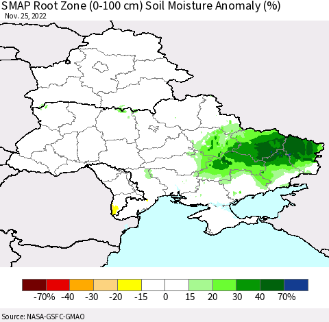 Ukraine, Moldova and Belarus SMAP Root Zone (0-100 cm) Soil Moisture Anomaly (%) Thematic Map For 11/21/2022 - 11/25/2022