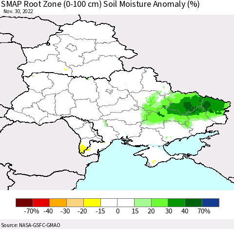Ukraine, Moldova and Belarus SMAP Root Zone (0-100 cm) Soil Moisture Anomaly (%) Thematic Map For 11/26/2022 - 11/30/2022